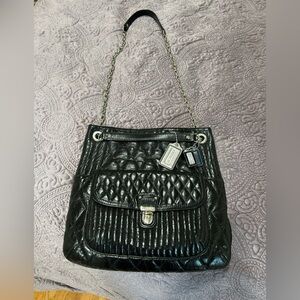 Coach Kristin Poppy Quilted Black Soft Leather Chain Tote Crossbody Shoulder Bag